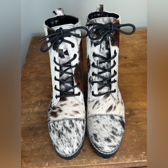 MYRA Black White Cowhide Fervence Boots Western Combat Lace-Up Hairon Leather 10 - Picture 5 of 11